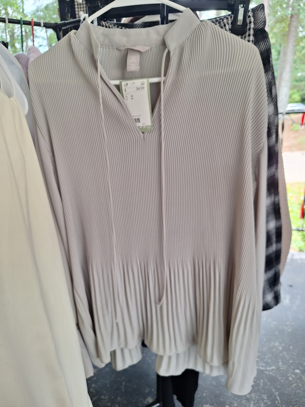 H&M Light Gray Pleated V-Neck Blouse with Tie